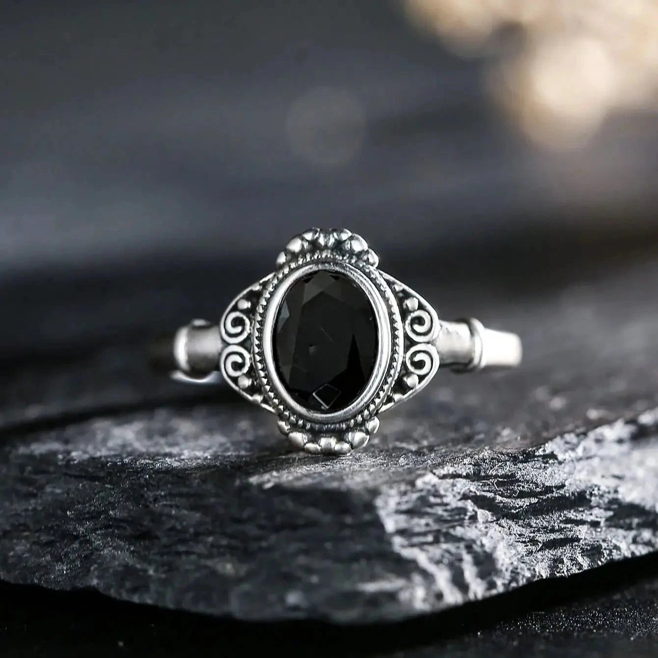 Soild S925 Silver Ring Natural Black Spinel Oval Gemstone Vintage Floral Adjustable Bands Handmade Boho Jewelry Gifts - AMULET RING STORE