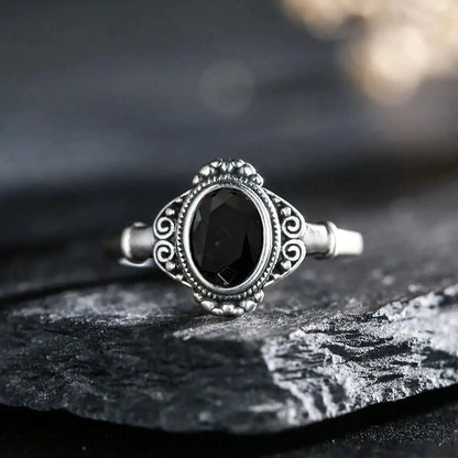 Soild S925 Silver Ring Natural Black Spinel Oval Gemstone Vintage Floral Adjustable Bands Handmade Boho Jewelry Gifts - AMULET RING STORE
