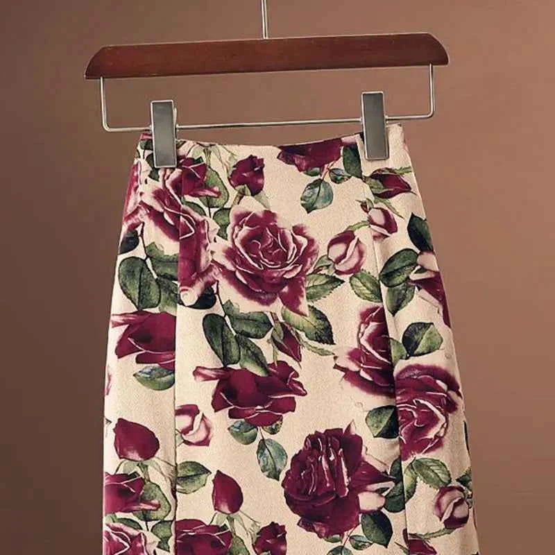 Rose Floral Print Vintage Elegant Chic A-line High Waist Trumpet Women's Skirt Mid-Calf Long Skirts For Women Clothing Fashion
