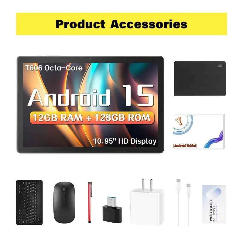 Tablet 10.95 inch Android 15 Tablets, 12GB RAM 128GB ROM 1TB Expand, Octa-core Processor, 1280x800 IPS, 8000mAh Battery (Black)
