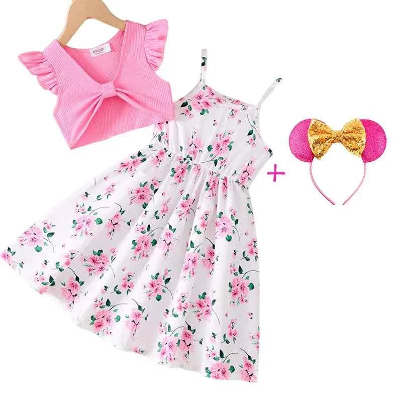 2Pcs Girls Elegant Pink Floral Print Dress Summer Sleeveless Casual Dress and Jacket Sets for Girls Festivals Outing Clothes