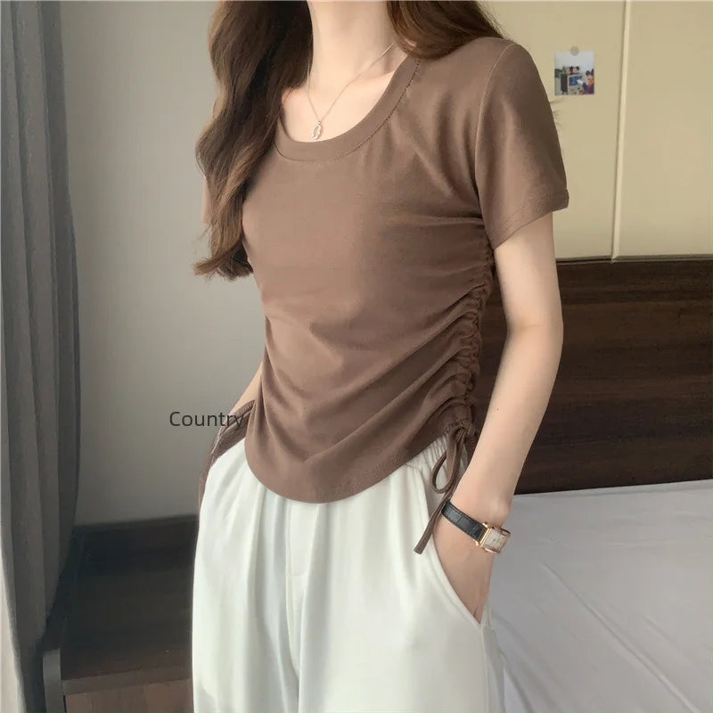 Drawstring Short Sleeve T-shirt Women Spring Summer Spicy Style Slim Fit Short Unique Top M L Xl 2XL Korean Casual Style - AMULET RING STORE