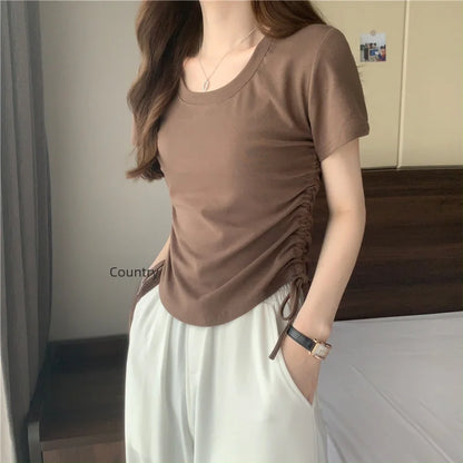 Drawstring Short Sleeve T-shirt Women Spring Summer Spicy Style Slim Fit Short Unique Top M L Xl 2XL Korean Casual Style - AMULET RING STORE