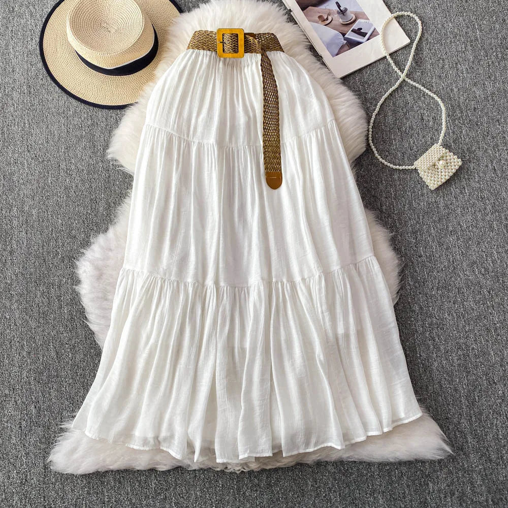 White High Waist A-Line Midi Skirt Women's Summer Casual Flared Cake Skirt Korean Sle Baking Poer Skirt for Young Women
