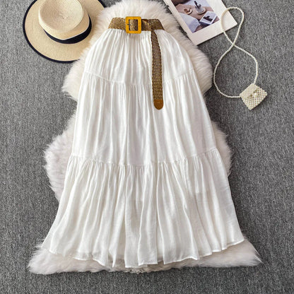 White High Waist A-Line Midi Skirt Women's Summer Casual Flared Cake Skirt Korean Sle Baking Poer Skirt for Young Women