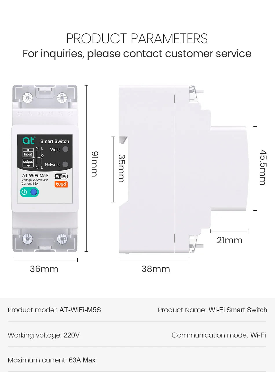 Tuya WIFI Smart circuit breaker 2P 63A charge statistics for smart home wireless control switch by smart life APP CNMIBO