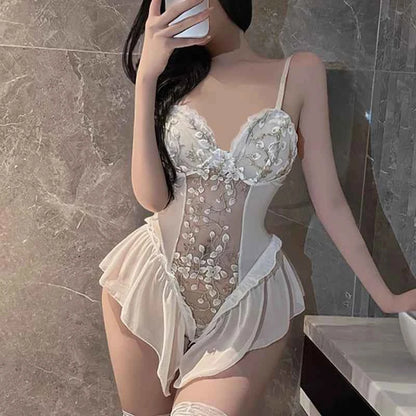Sexy Deep V Flower Vine Open Crotch Bodysuit Suspender Embroidery Ballet Nightdress Slim Gathered Mesh Bodycon