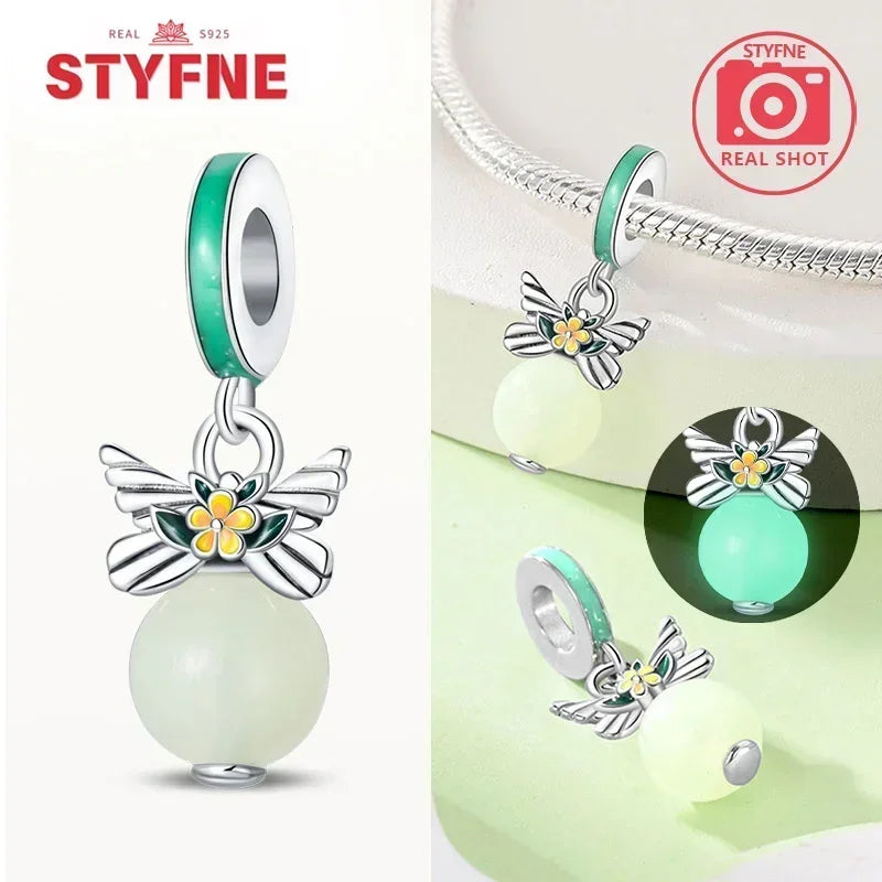 S925 Silver Glow-in-the-dark Firefly Charm Pendant Fit Original Charms Bracelet Gift Beads for Women Diy Fine Jewelry Gifts - AMULET RING STORE