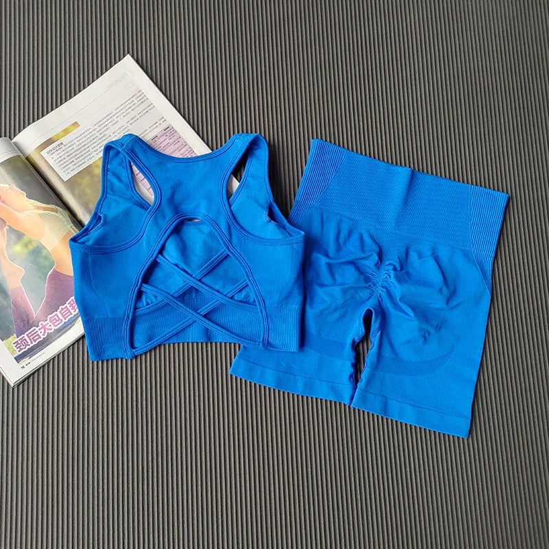 High Waist Seamless Fitness Suit Shockproof Sports Bra Women Quick-drying Training for Lifting Buttocks Three-point Shorts Sets