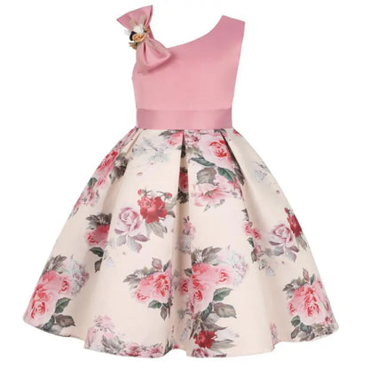 Summer Girls Rose Print Dress Princess Wedding Birthday Party Frocks Satin Children Vestidos Dresses For Girl Christmas Clothing