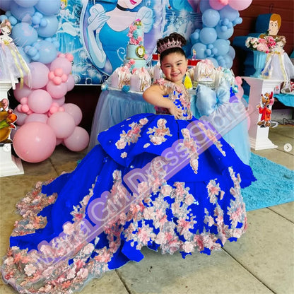 Luxury Appliqué  Flower Girl Dress Spaghetti Straps Birthday Lace Appliques Off Shoulder V-Neck First Communion Gown