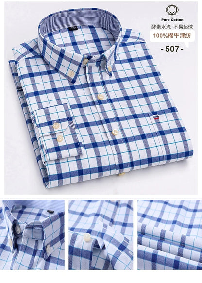 100% Cotton Oxford Men's Shirts Long Sleeves Plaid Soft Regular Fit Formal Dress Shirt Pocket Social Blouse Male Clothes S-7XL