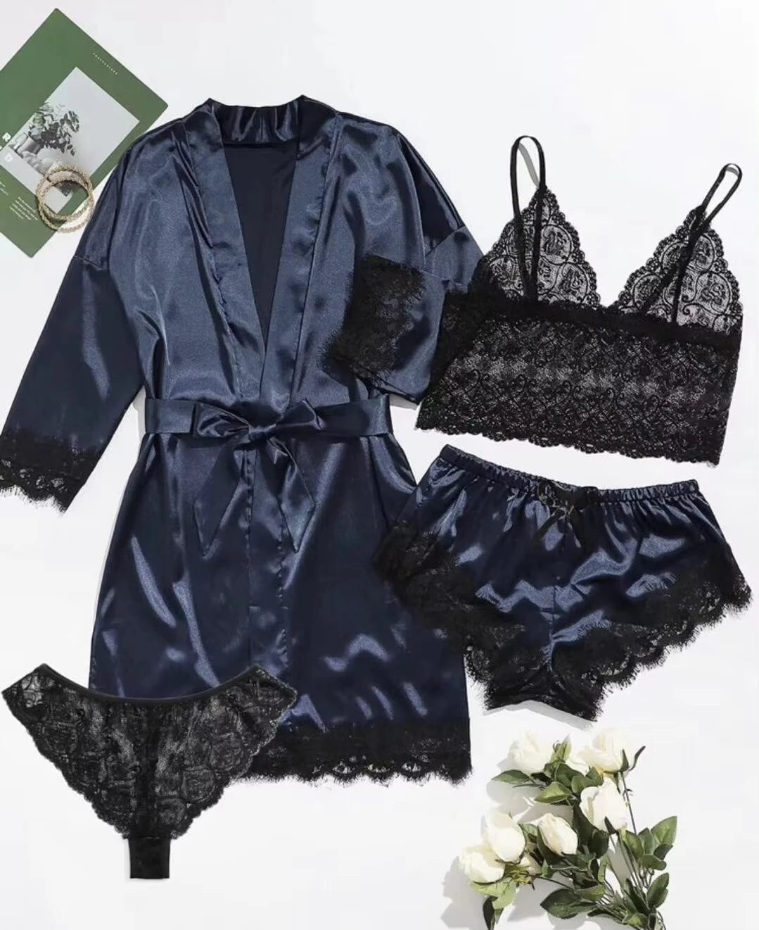 2025New Women's Pajama Fashion 4-piece Set Lace Satin Strap Sexy Pajama Set Dress Skin friendly Comfortable Casual Pajama Skirt - AMULET RING STORE