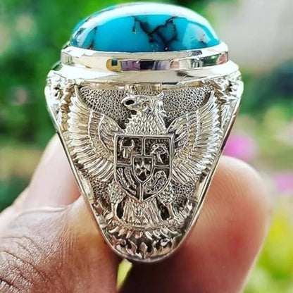 Turkish Handmade Men Vintage Big Turquoise Double Eagle National Emblem Pattern Rings AMULET RING STORE