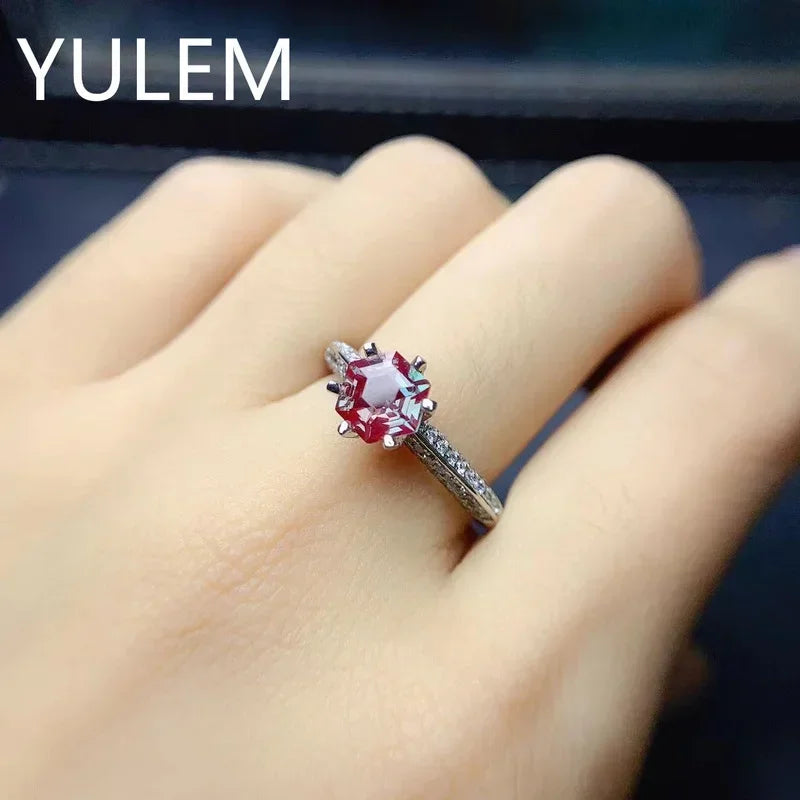 YULEM Hexagon 6x6mm Alexandrite Stone with Silver 925 Simple Design Wedding Ring Luxury Engagement Ring