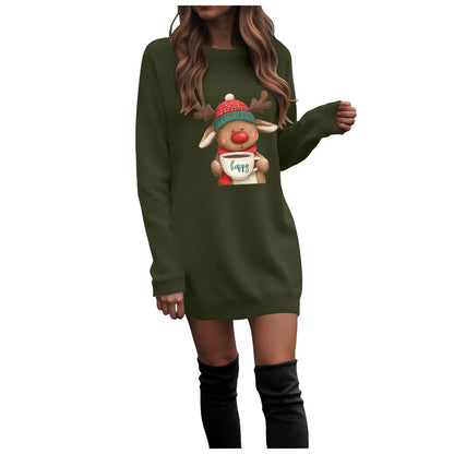 Ladies Casual Christmas Printed Round Neck Pullover Long Sleeved Sweatshirt Dress Comfy Striped Print Long Sleeve Sweatshirt