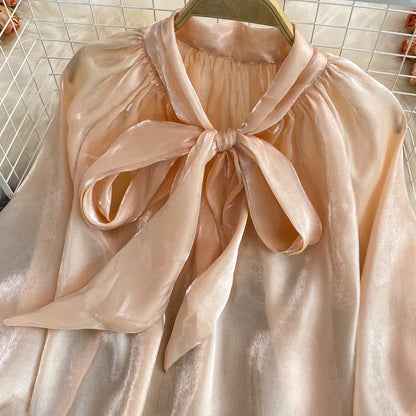 Spring Women's New Harajuku Tops V-neck Solid Color Bowknot Lantern Sleeves Loose Fashion Elegant Mesh Temperament Ladies Shirt