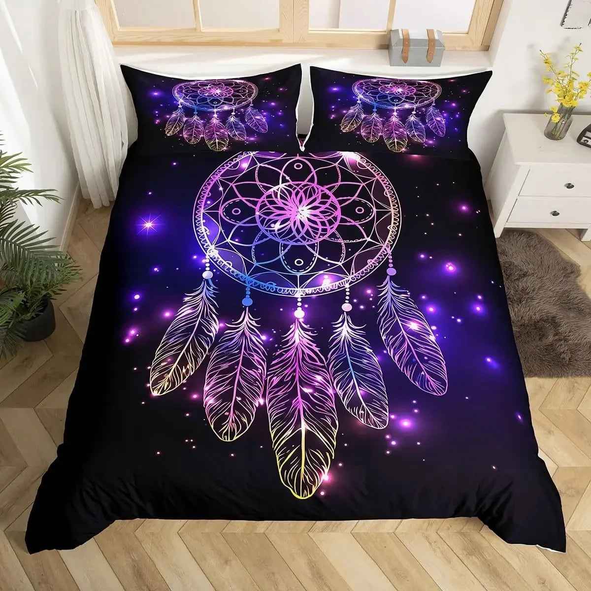 Dream Catcher Bedding Set Boho Mandala Duvet Cover Twin King,Exotic Tribal Feather Comforter Cover Starry Sky Galaxy Quilt Cover