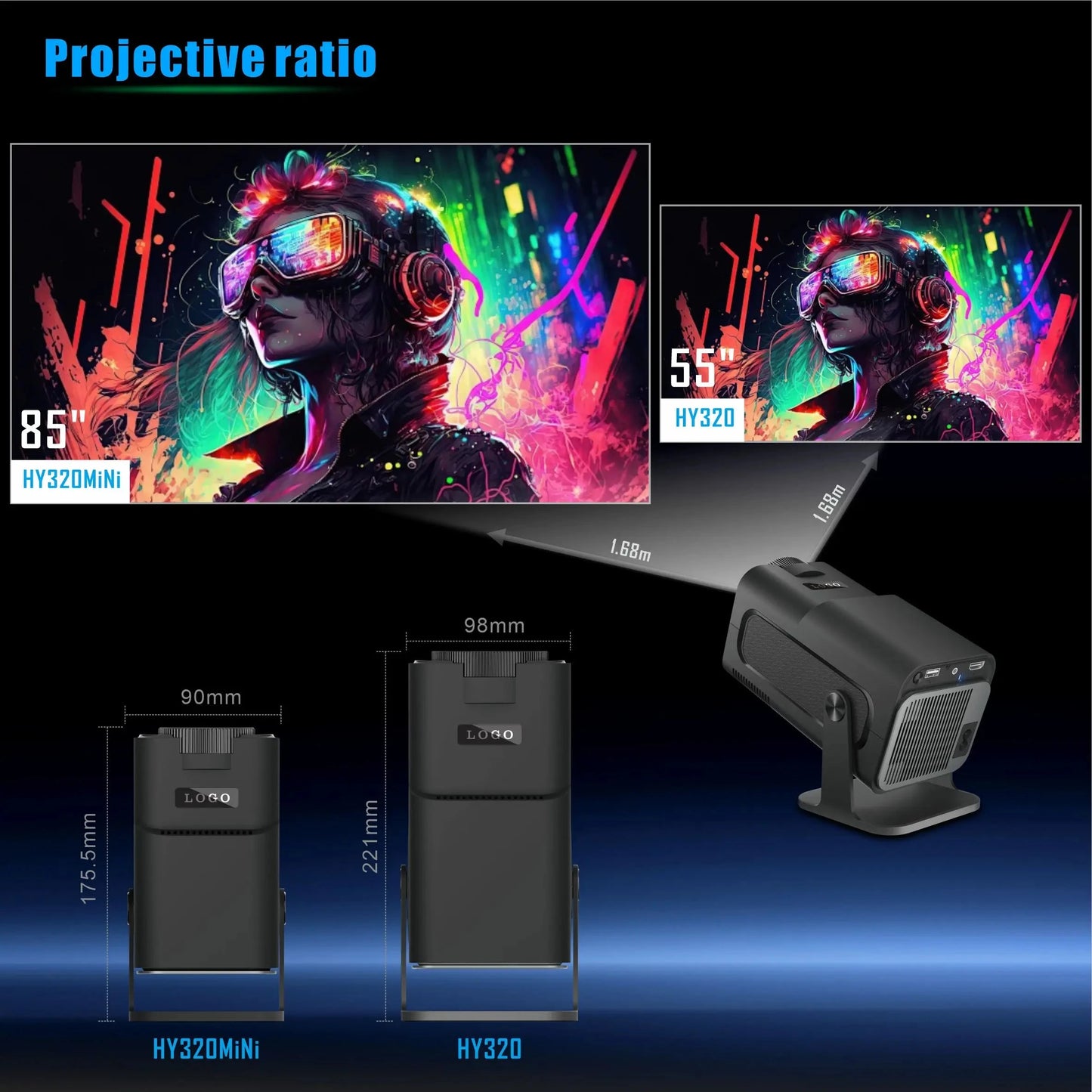 FGHGF HY320 Mini Upgrade Native 720P Android 11 Projector 300ANSI Wifi6 BT5.0 4K Cinema Outdoor Portable 180 ° Rotable Projector