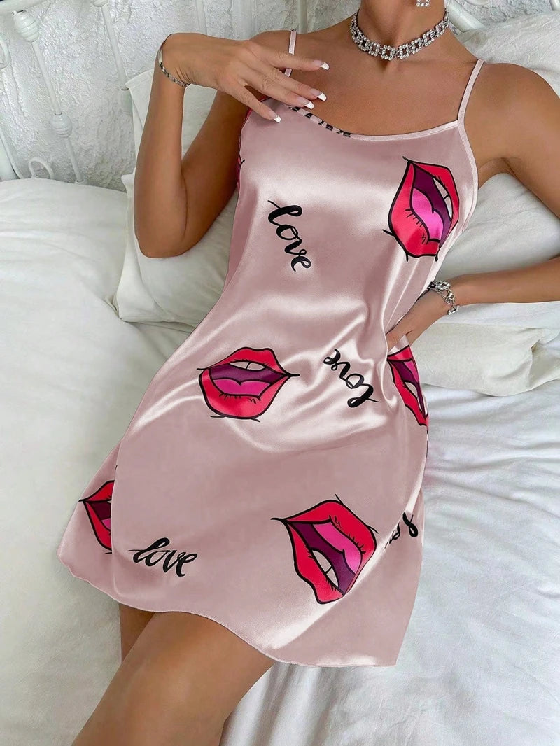 Women's Sleepdress Satin Floral Print Nightdress Comfortable Spaghetti Strap Sleepwear Dress Luxurious Satin Slip Nightdress - AMULET RING STORE