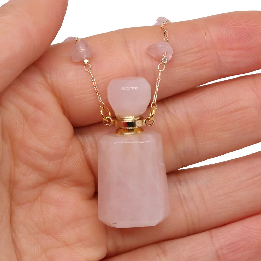 Natural Stone Rose Quartz Perfume Bottle Essential Oil Diffuser Reiki Healing Exquisite Necklace Jewelry Gift - AMULET RING STORE