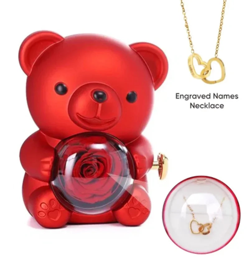 Eternal Rose Teddy Bear Jewelry Box with Custom Name Necklace Valentine Wedding Special Present for Girlfriend Anniversary gift - AMULET RING STORE