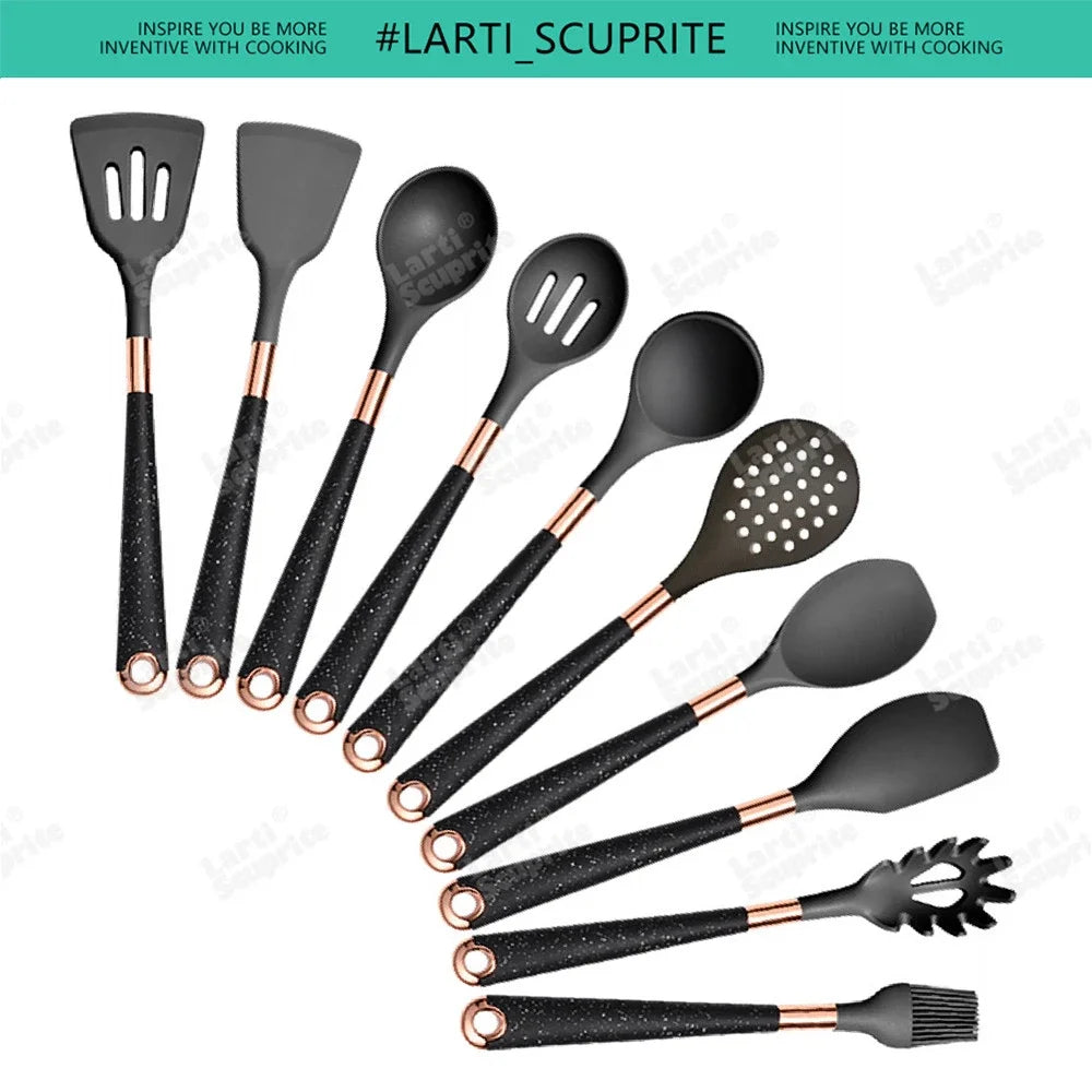 Good Quality Silicone Kitchen Utensils Set Rose Gold Plated Handle Cooking Tool Non-stick Heat Resistant Kitchenware Accessories