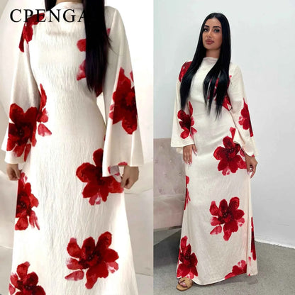 Arabesque Bell Sleeve Flowy Maxi Abaya Dress Elegant Floral Print Muslim Modest Long Dress Islamic Vacation Outfit Summer Robe