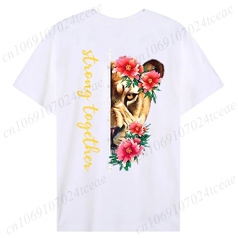 Fashion Valentine's Day Tees Shirt Lion Animal Back Print Graphic Y2k Tops Lover Couples Matching T-shirt Men & Women Clothing - AMULET RING STORE