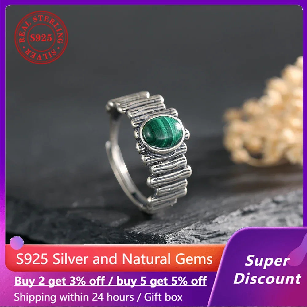 S925 Adjustable Malachite Ring Natural Gemstone Jewelry Textured Boho Silver Ring for Women, Healing Crystal Gift 925 Sterling - AMULET RING STORE