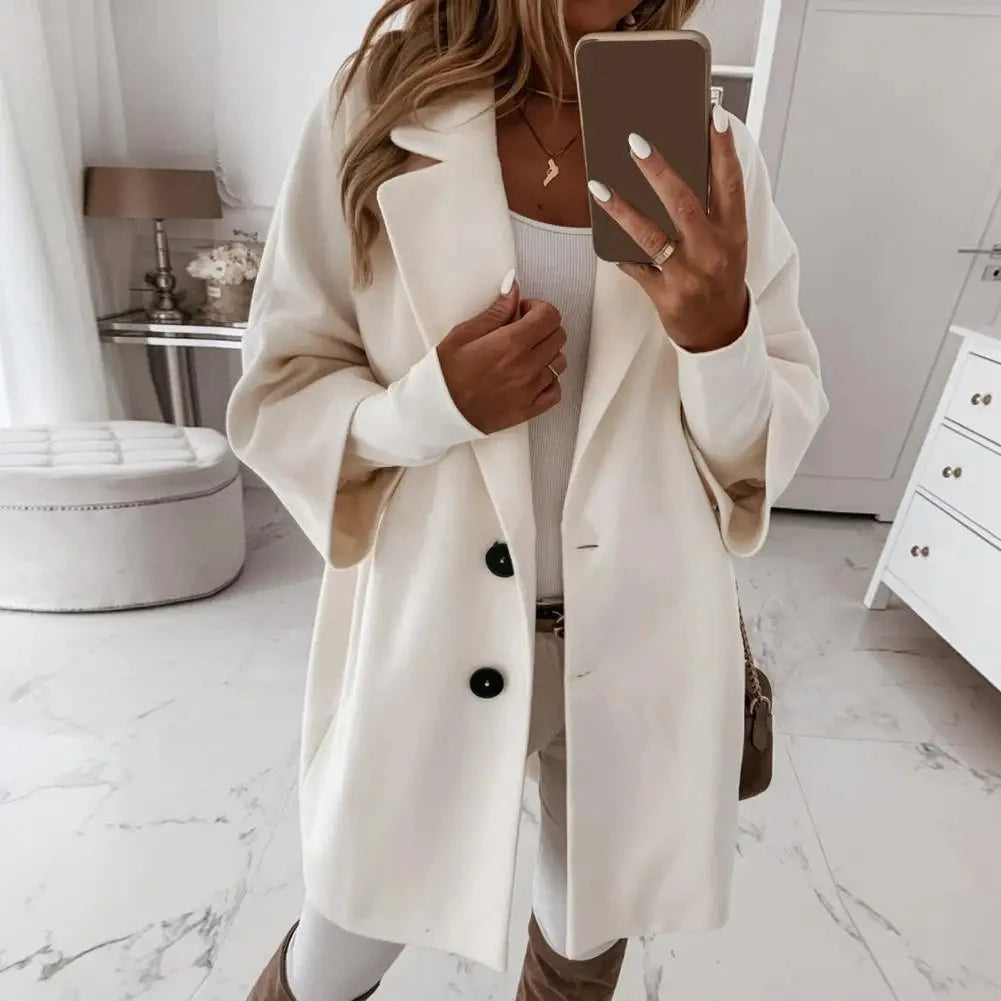 Fall Winter Women's Jacket 3/4 Long Sleeve Button Lapel Pocket Woolen Warm Jacket Coat Solid Color Thermal Fitted Cardigan Coat - AMULET RING STORE
