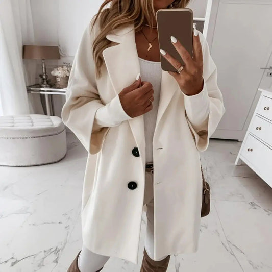 Fall Winter Women's Jacket 3/4 Long Sleeve Button Lapel Pocket Woolen Warm Jacket Coat Solid Color Thermal Fitted Cardigan Coat - AMULET RING STORE