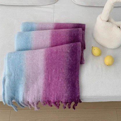 New Fashion Mohair Stripted Tassel Scarf Women Autumn Winter Korean Version Thickened Warm Soft Female Shawl Colorful Muffler