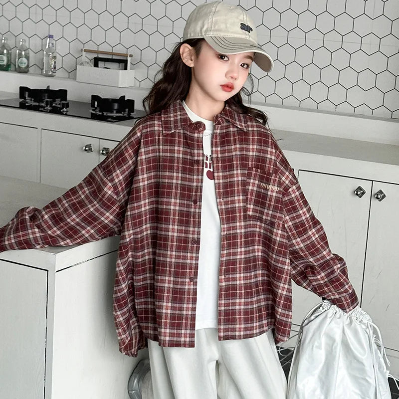 2025 Spring Girls Plaid Shirt Comfort Fashion Teen Kids Tops Clothes Casual All-match Long Sleeve Children Blouse 10 12 13 Years