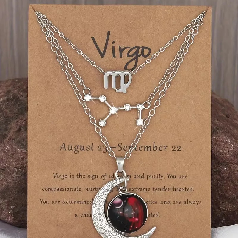 3 Pieces/Set Zodiac Retro Moon Glow Pendant Necklace Set with Birthstone Cards, Birthday Gift for Besties and BFFs