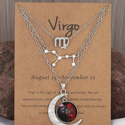 3 Pieces/Set Zodiac Retro Moon Glow Pendant Necklace Set with Birthstone Cards, Birthday Gift for Besties and BFFs