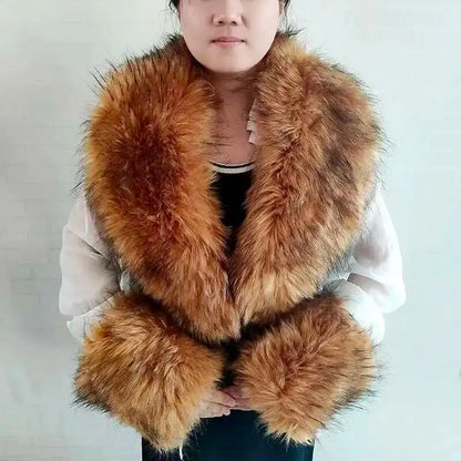 Large Winter Faux Fox Fur Scarf Women Jackets Warm Fluffy Shawl Fashion Artificial Fur Collar And Cuff Set Fluffy Scarves Female
