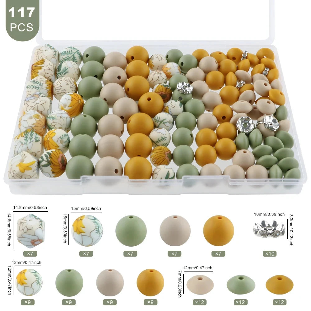 117pcs/Lot Hexagonal Printed/Round/Spacer Bead/Rhinestone Combination Set For Jewelry DIY Bracelet Necklace Earring Accessories - AMULET RING STORE