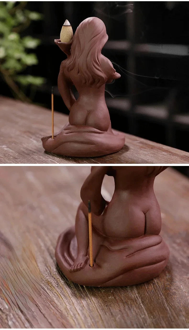 Waterfall Incense Burner Holder Backflow Ceramic Purple Sands Mermaid Cones for Home Decor Ornaments Zen Yoga Meditation Gift - AMULET RING STORE