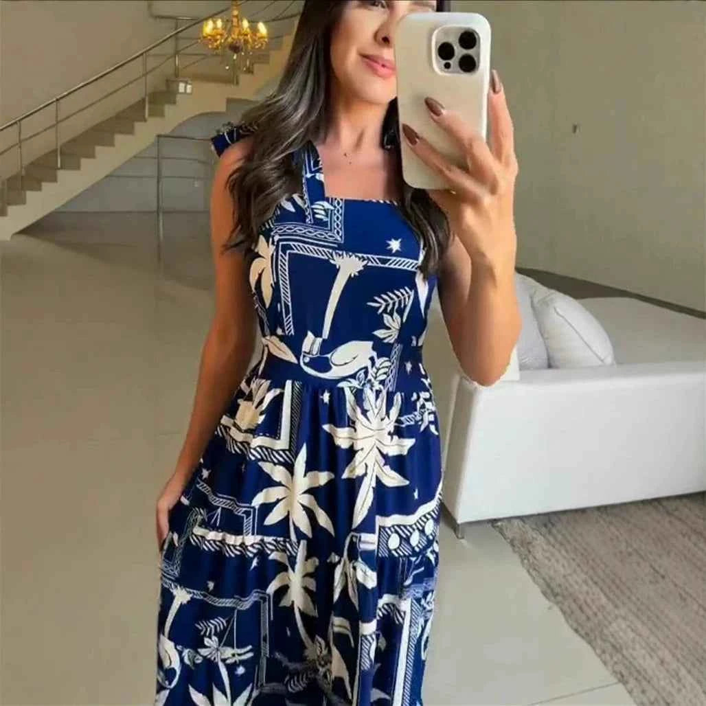 Women Fashion Floral Print Dress Casual Spaghetti Strap Sleeveless Loose Dresses Robe Femme Elegant Party Womens Clothing Summer