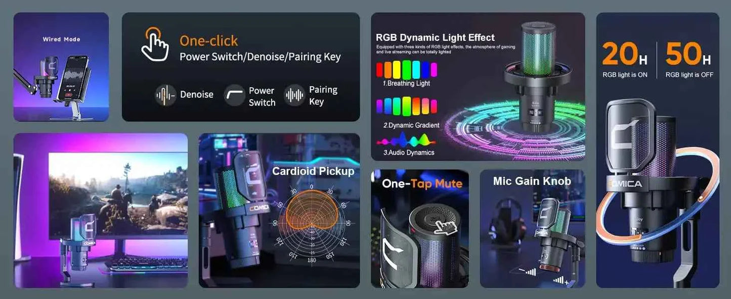 COMICA Uni D Uni A Wired USB Gaming Microphone for PC Laptop Phone Noise Cancellation Condenser Mic With RGB Lighting