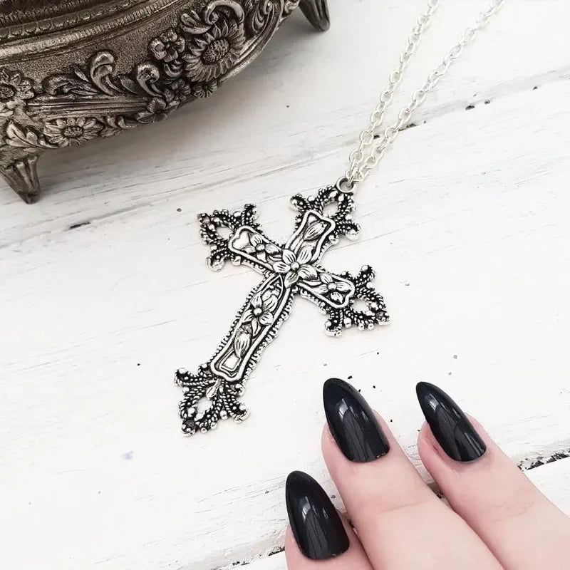 Large Detailed Cross Black Drill Jewel Necklace Silver Color Tone Pendant Goth Punk Jewellery Fashion Charm Statement Women Gift - AMULET RING STORE