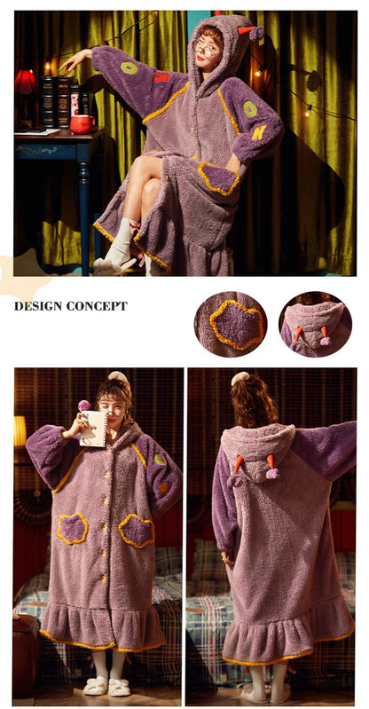 2024 Winter Pajamas For Women Cartoon Hooded Long Robe Strawberry Jacket Cute Home Wear Sleepwear Kawaii Flannel Warm Bathrobe - AMULET RING STORE