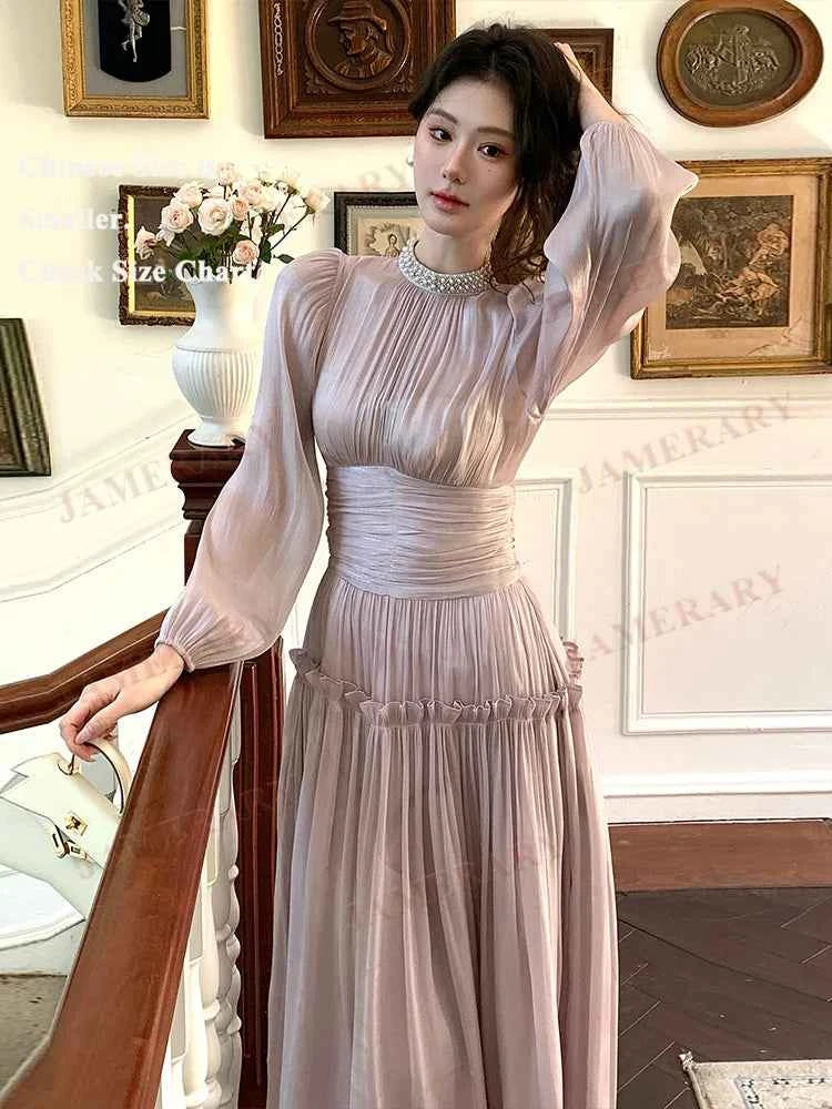 Elegant Summer Sation Long Sleeve Maxi Dresses Women Solid Fashion Ruffle Pleated Shiny Sweet Autumn Dress