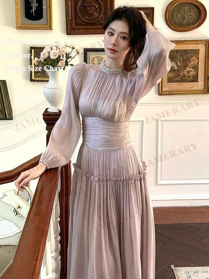 Elegant Summer Sation Long Sleeve Maxi Dresses Women Solid Fashion Ruffle Pleated Shiny Sweet Autumn Dress