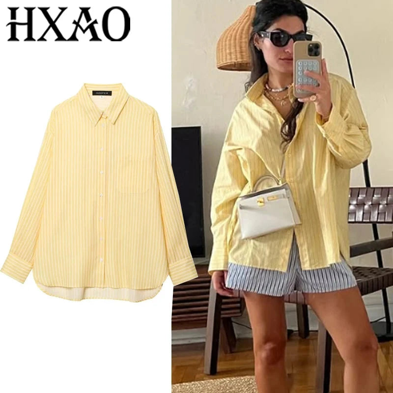 HXAO Women's Striped Shirt Long Sleeve Yellow Shirt Spring Summer Long Button Up Shirts And Blouses Casual Loose Fit Shirt