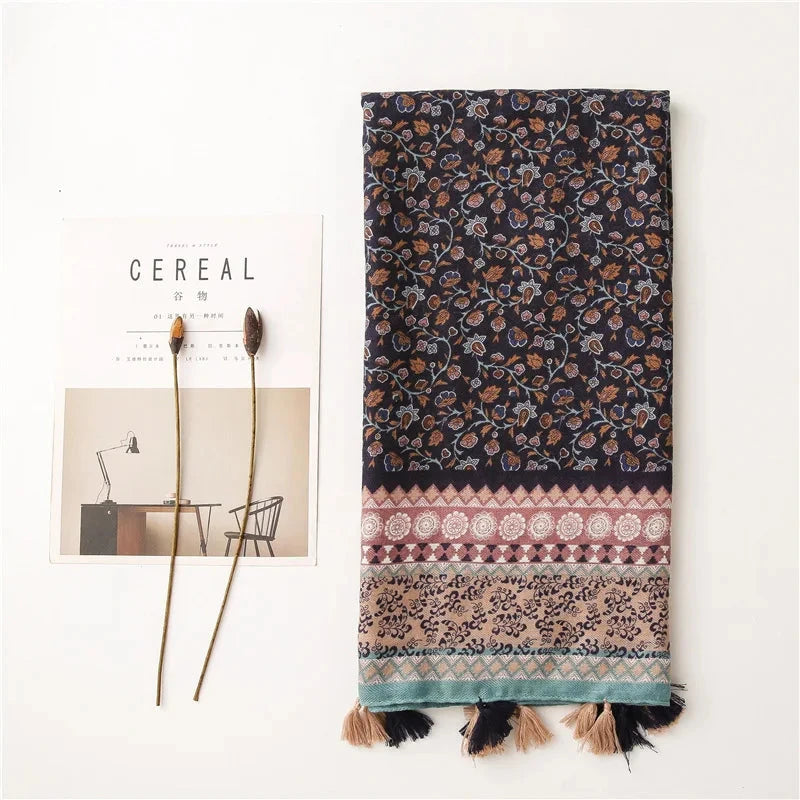 2025 Luxury Retro Bohemian Floral Women Viscose Scarf Designer Shawl Cotton Linen Feeling Tassel Pashmina Muslim Hijab Wrap