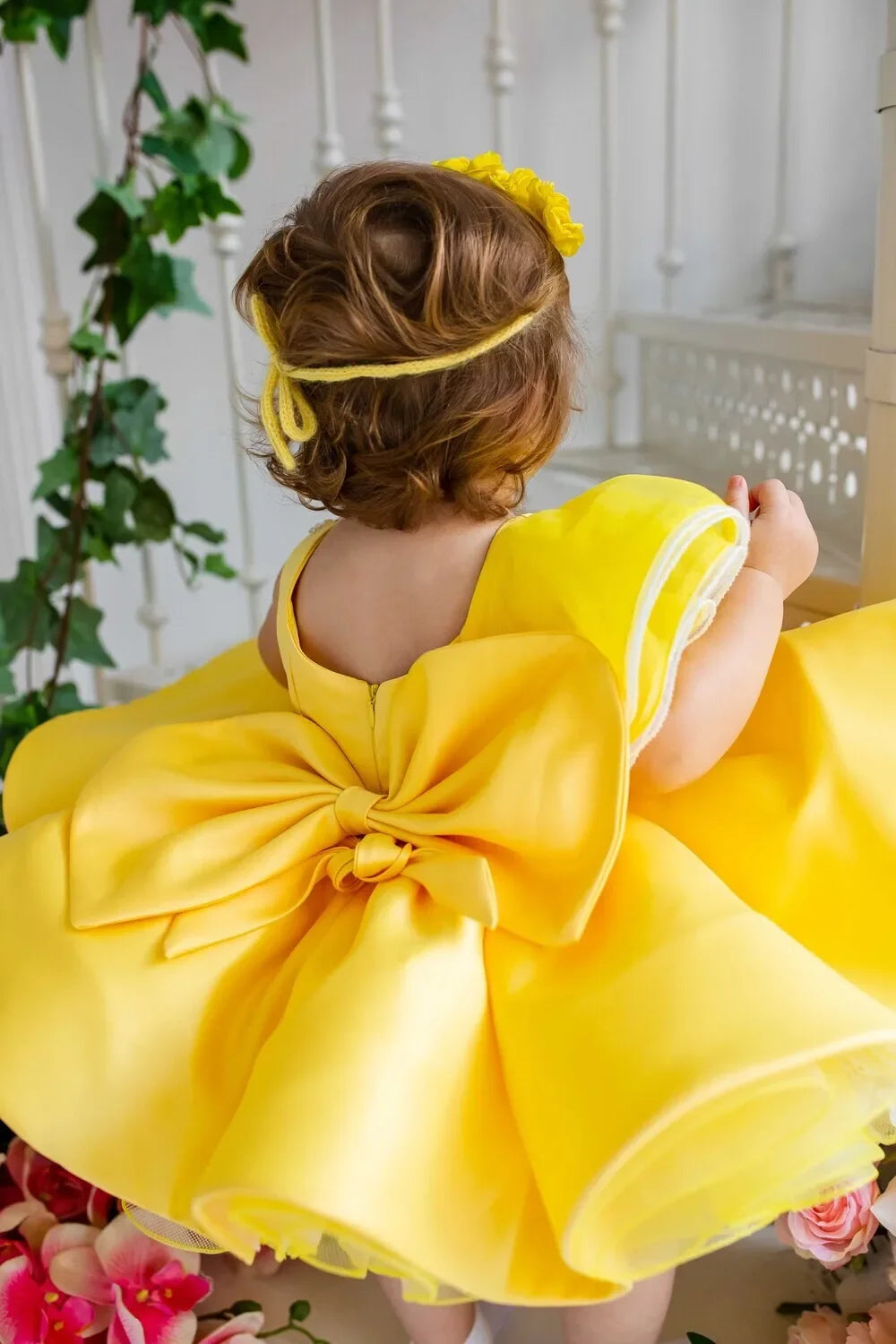 Lovely Yellow Flower Girl Dress Baby First Communion Gowns Wedding Thin Length Bow Belt Kids Birthday Gift Ball Party Clothing