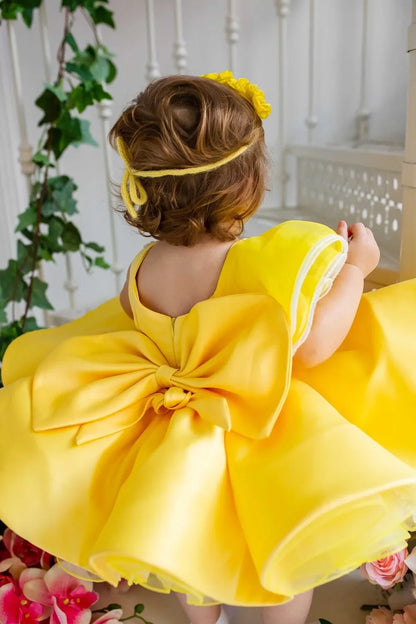 Lovely Yellow Flower Girl Dress Baby First Communion Gowns Wedding Thin Length Bow Belt Kids Birthday Gift Ball Party Clothing