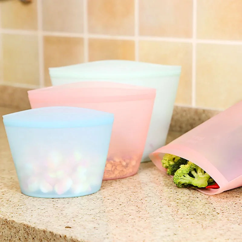 1/3/4Pcs/Pack Silicone Storage Bag,Reusable Food Grade Fresh-keeping Zipper Bags,BPA Free,Leakproof,Microwave&Dishwasher Safe - AMULET RING STORE